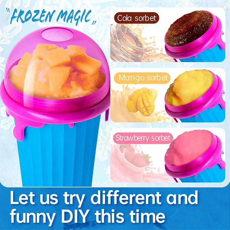 Blue 500ml slushy maker cup with squeeze bottle design for quick-frozen smoothies and homemade ice cream