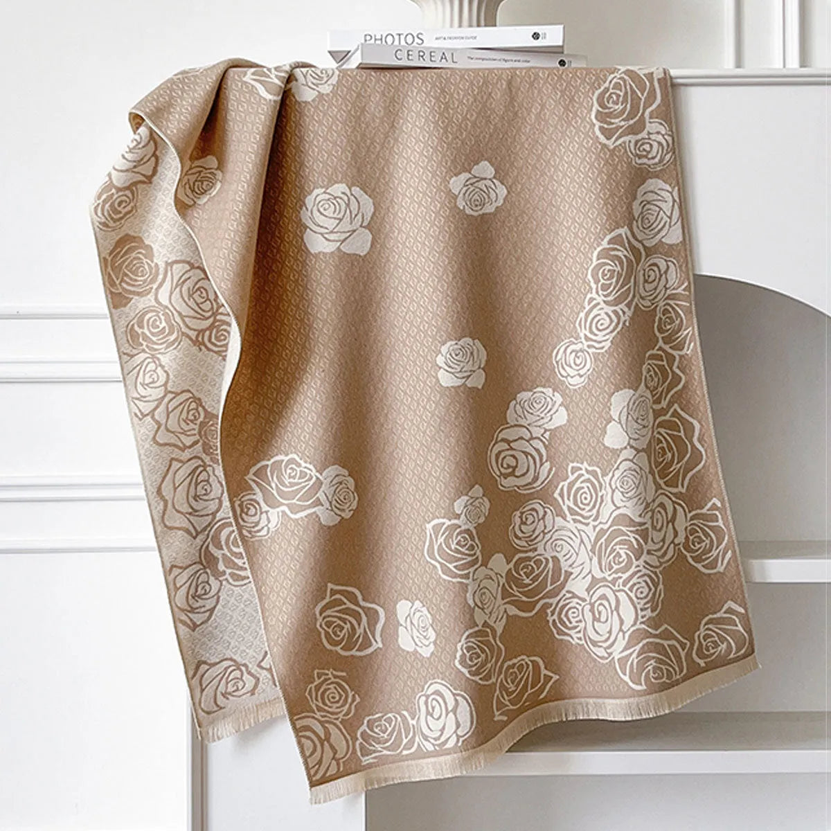 Cashmere-like winter scarf in grey, black, blue, or khaki with tassel details, shown flat to display its 185x65cm size.