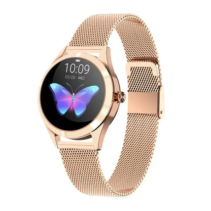 Women's sports smartwatch showing heart rate monitoring and available in black, rose gold, silver, or white colours.