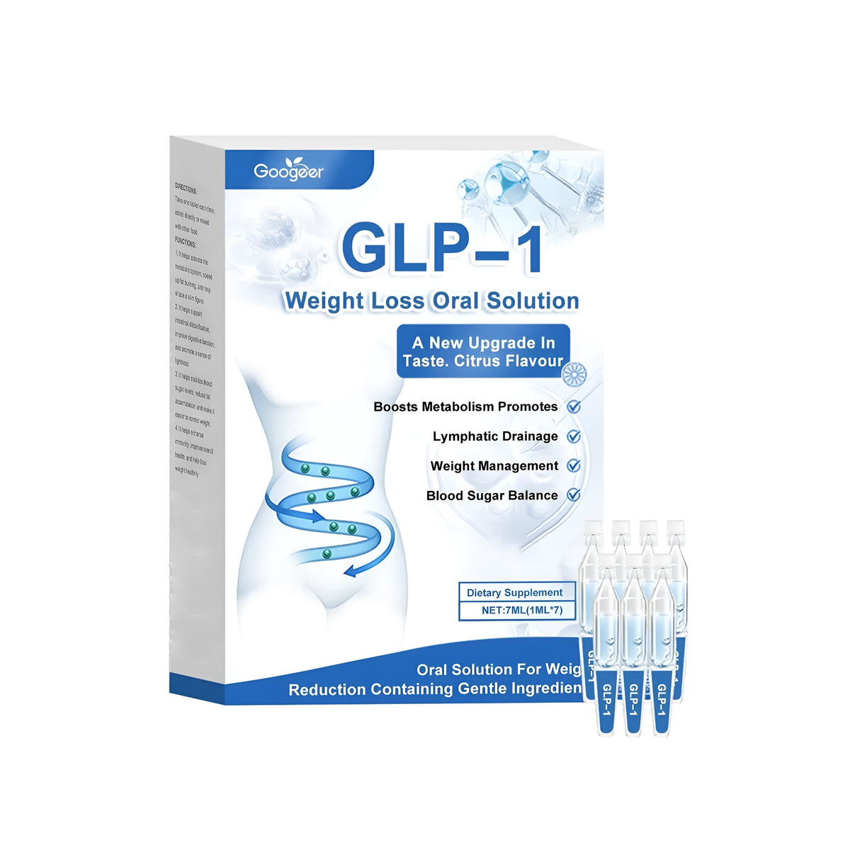 7ml bottle of GLP-1 weight loss oral solution supplement drops with green tea, moringa and turmeric
