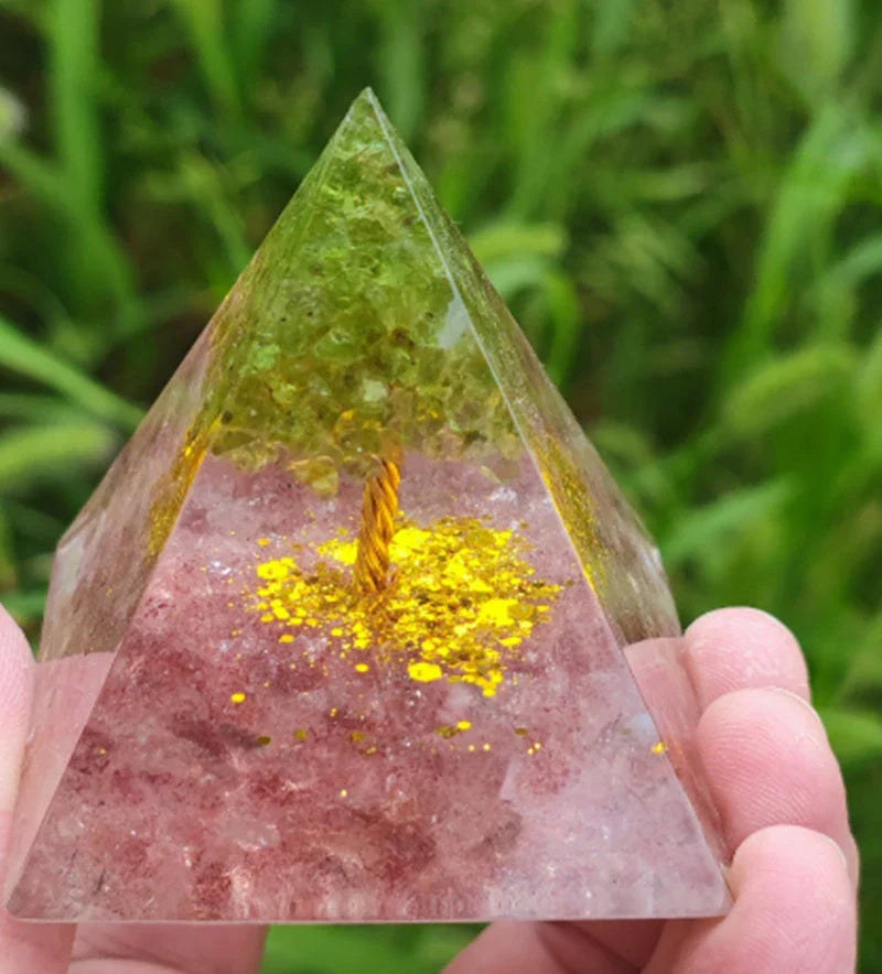 Premium Reiki Healing Crystal Pyramid - Handcrafted with Amethyst and Tiger's Eye, Infused with Orgone Technology for Radiation Protection and Chakra Alignment