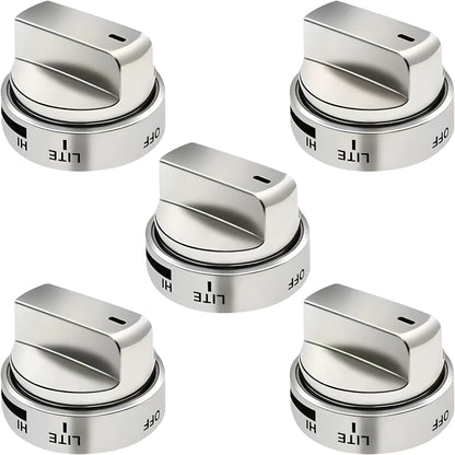 Silver metal oven control knob with 5.3cm diameter scale.