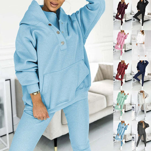 Women's 3-piece sports suit with hooded sweatshirt, vest, and slim trousers in various colours