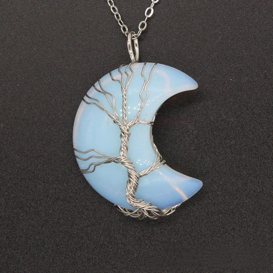 Handmade moon-shaped Tree of Life pendant necklace in natural crystal stone