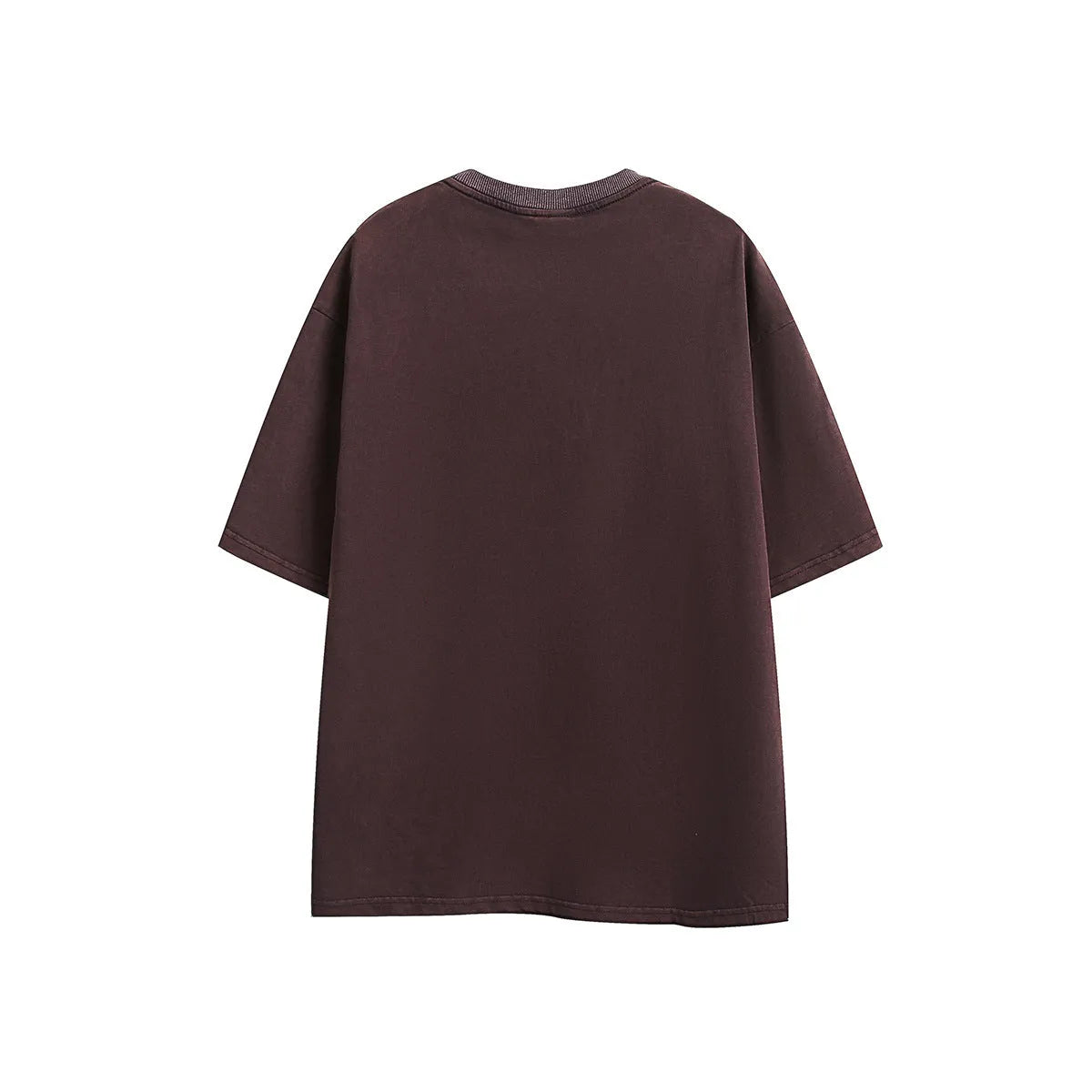 Purple loose-fit embroidered short-sleeve cotton t-shirt on a hanger, retro style.