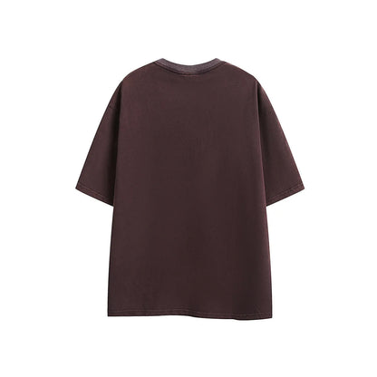 Purple loose-fit embroidered short-sleeve cotton t-shirt on a hanger, retro style.