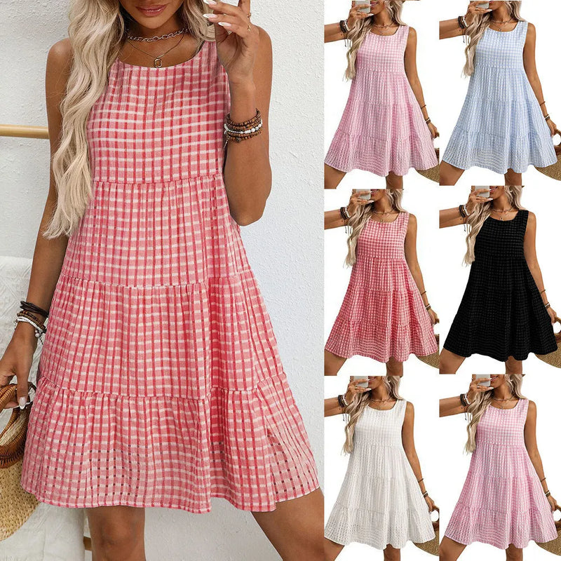 Women's sleeveless plaid dress in loose casual style featuring a hollow oversize swing skirt with high waist and mid-length hemline, available in light blue, light pink, black, red, and white colours with a fresh and sweet aesthetic.