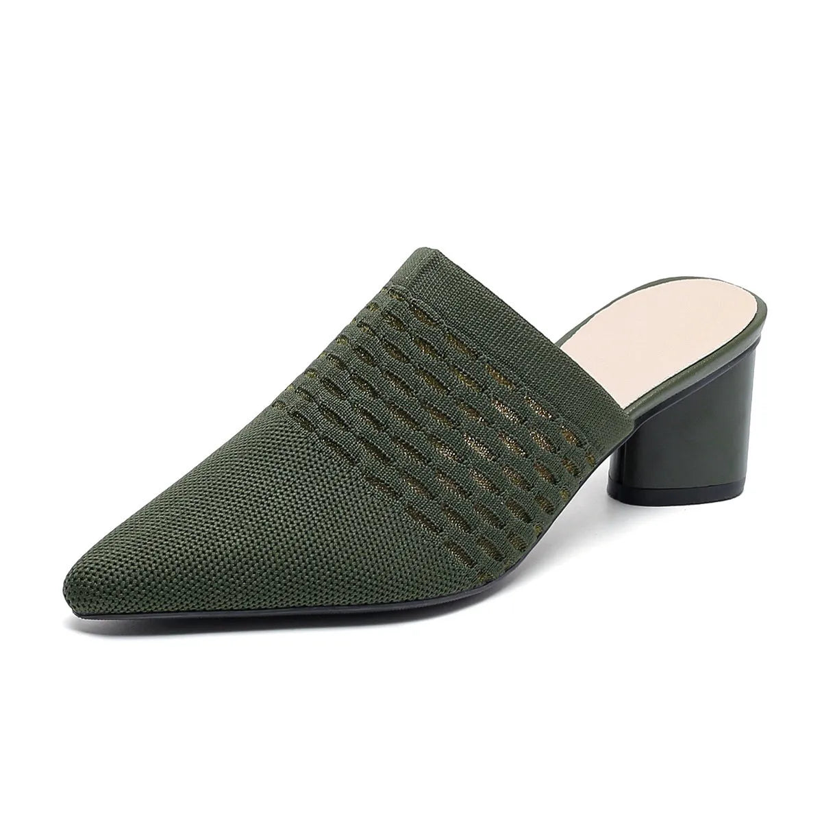 Women's black pointed toe sandals with a fabric upper and a 5cm chunky rubber heel