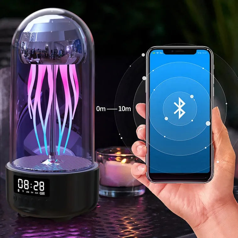 Colourful jellyfish-themed Bluetooth speaker with LED clock display showing time and battery level