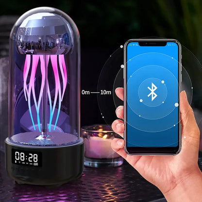 Colourful jellyfish-themed Bluetooth speaker with LED clock display showing time and battery level