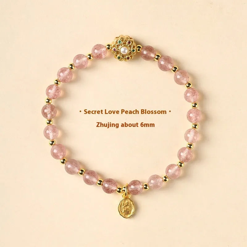 Hand-woven gray moonstone fairy lucky bracelet with sunstone and strawberry quartz peach blossom crystals
