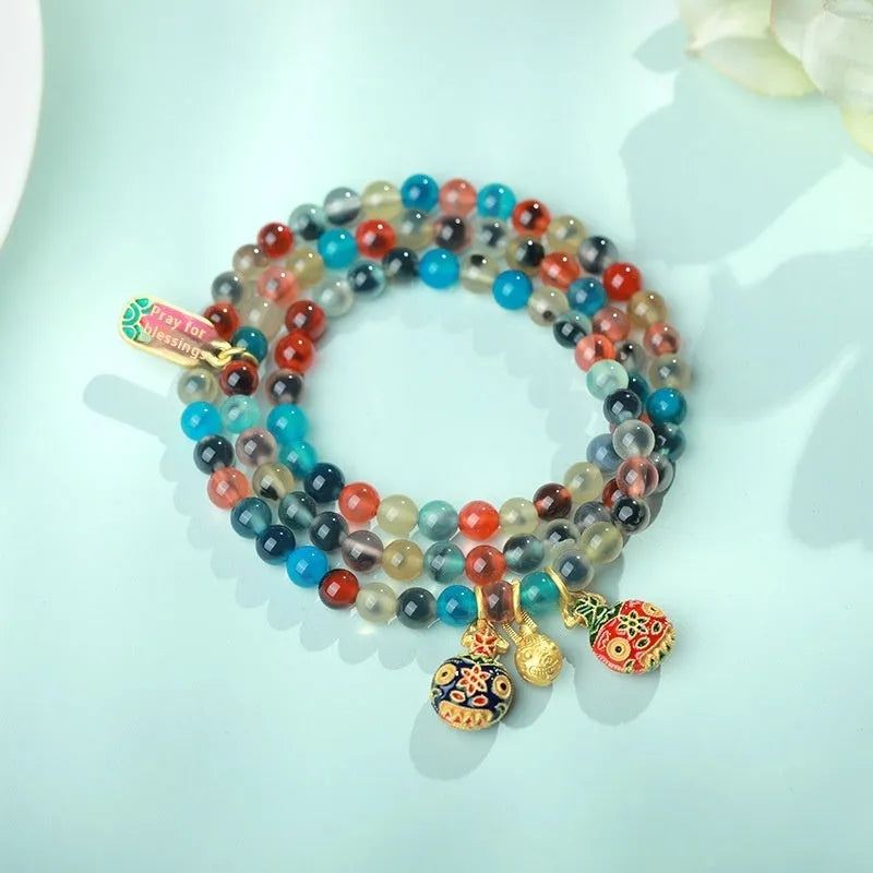 Women's natural agate snake bracelet with Chinese traditional patterns in 6mm or 8mm size
