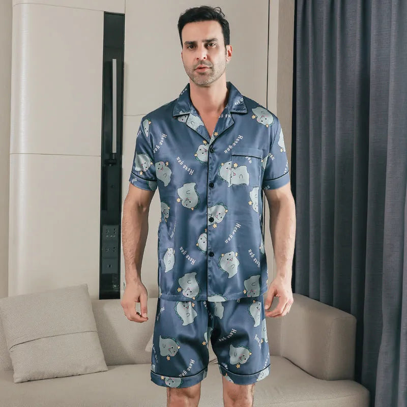 Men's ice silk short sleeve pajama set in cardigan style with top and pants