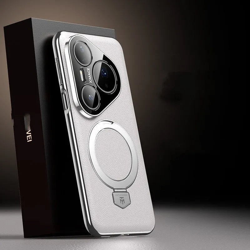 Magnetic rotating bracket phone case for Huawei Pura 70/80 in Obsidian Black frosted feilin leather with fall protection