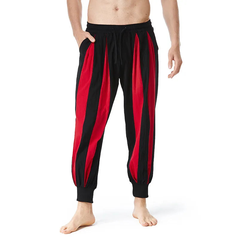 Men's straight-leg polyester casual trousers in red, khaki, yellow or brown colours