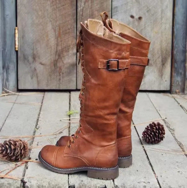 Chunky heel high leg boots in black with round toe and low 1-3cm heel