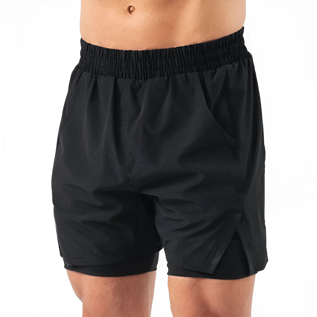 Men's small plaid quick-dry sports shorts in polyester, shown in multiple colours including army green and fluorescent yellow.