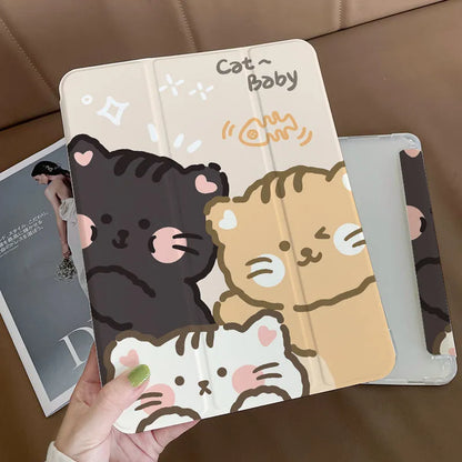 Rabbit Flat Tri-Fold Protective Case for iPad in silicone with cartoon design, showing tri-fold stand and compatibility with multiple models.
