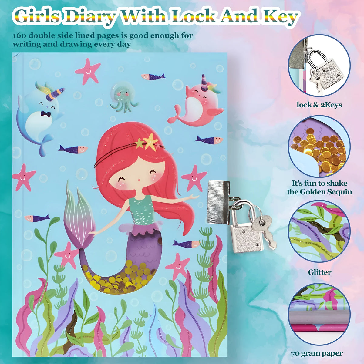 Children's mermaid printed notebook with lock, paper cover, thread binding, and 80 sheets of 70gsm raw wood pulp paper.
