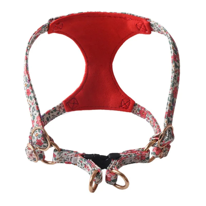 Orange cloth dog harness and leash set from the floral series, showing the single chest back design.