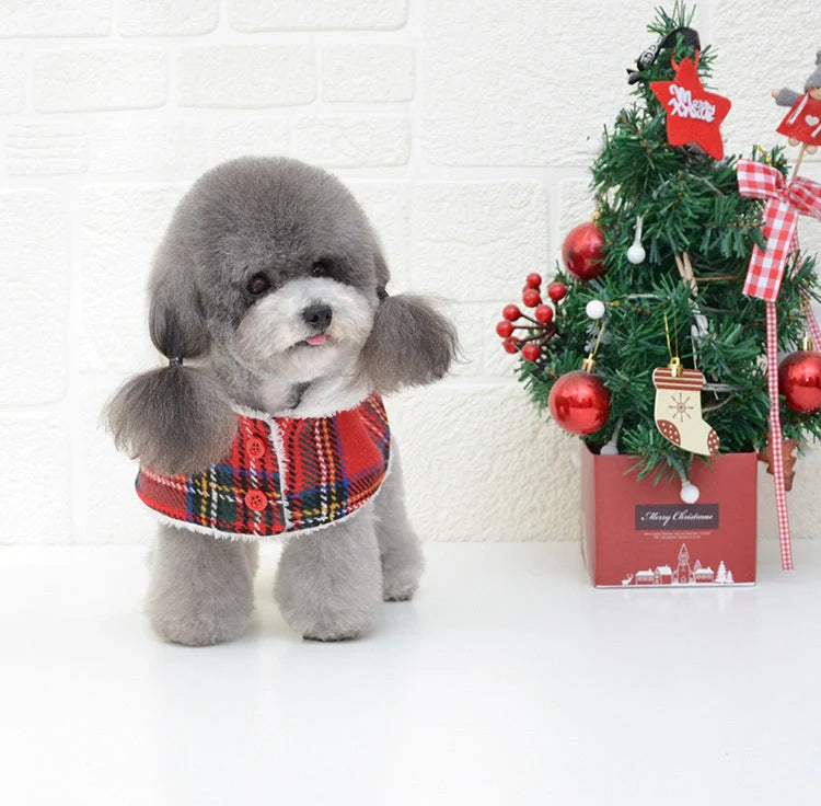 Christmas red check knitted turtleneck dog sweater with suede lining