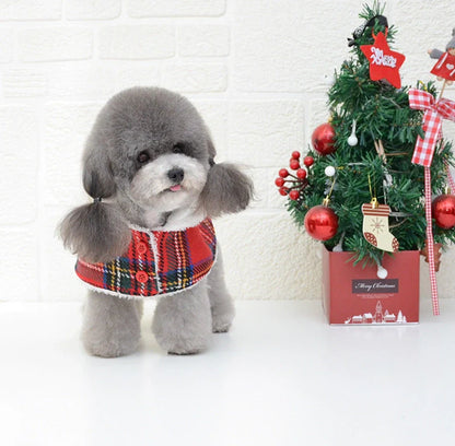Christmas red check knitted turtleneck dog sweater with suede lining