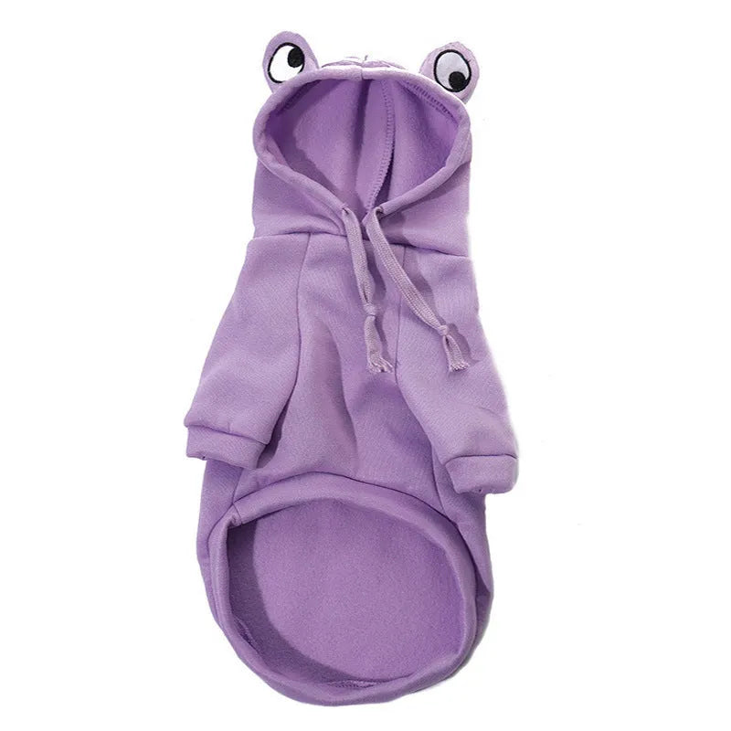 Green frog costume hoodie on small dog showing hood and four-leg design