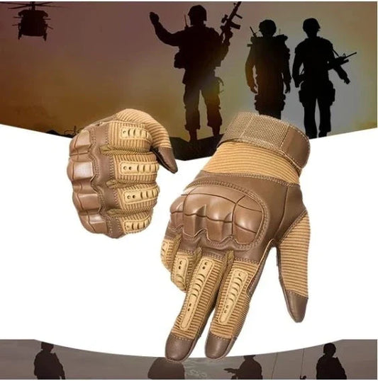 Rugged tactical gloves with reinforced knuckles, durable palm grip, and touchscreen-compatible fingers for outdoor adventures and tactical operations.