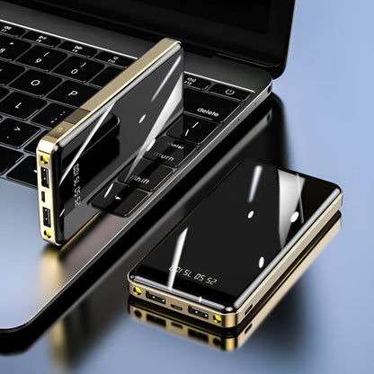 Square-shaped 20000mAh power bank with digital display screen showing battery percentage.
