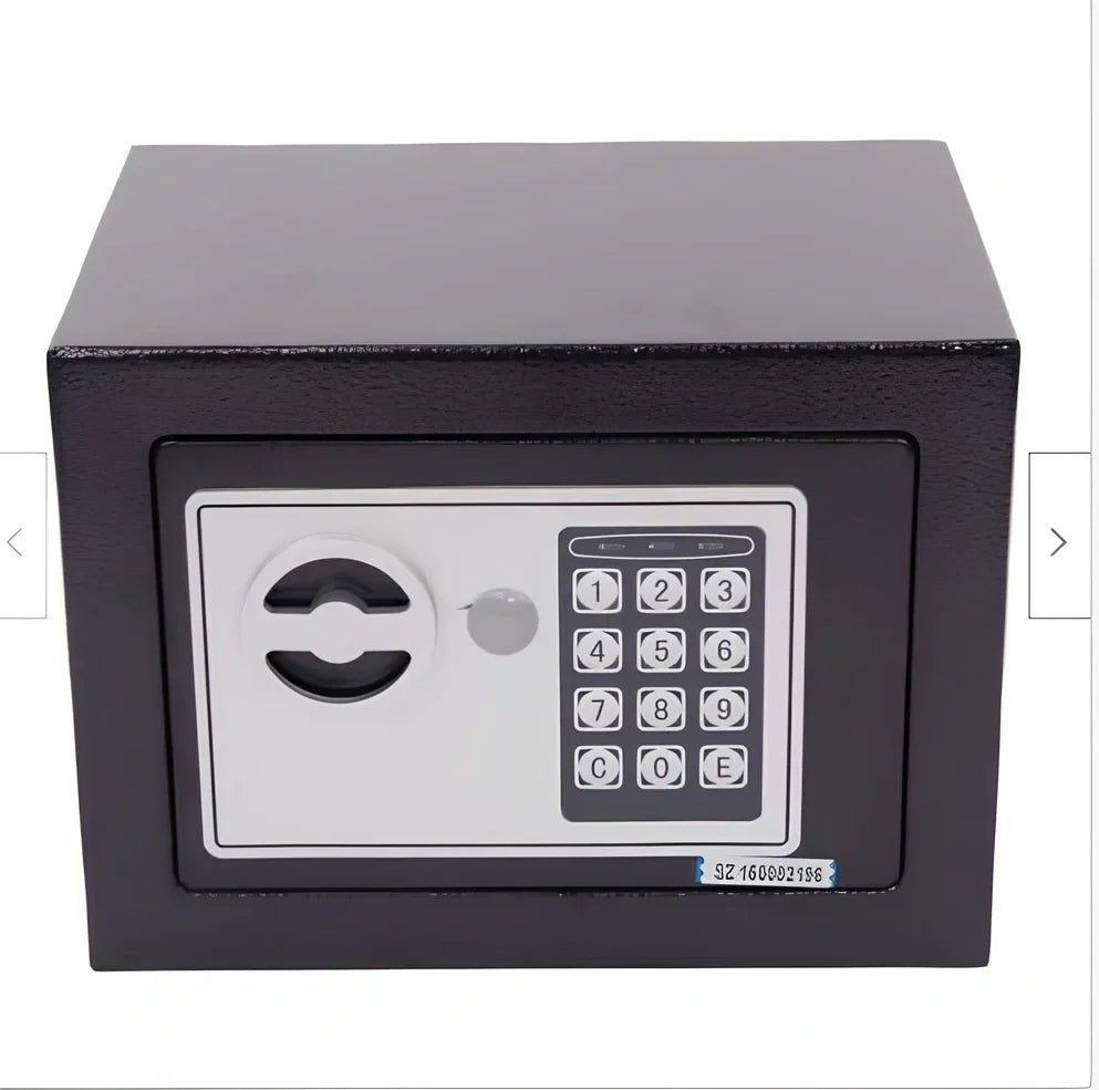 White mini office safe 230x170x170mm with password lock and 1/2mm panels on desk