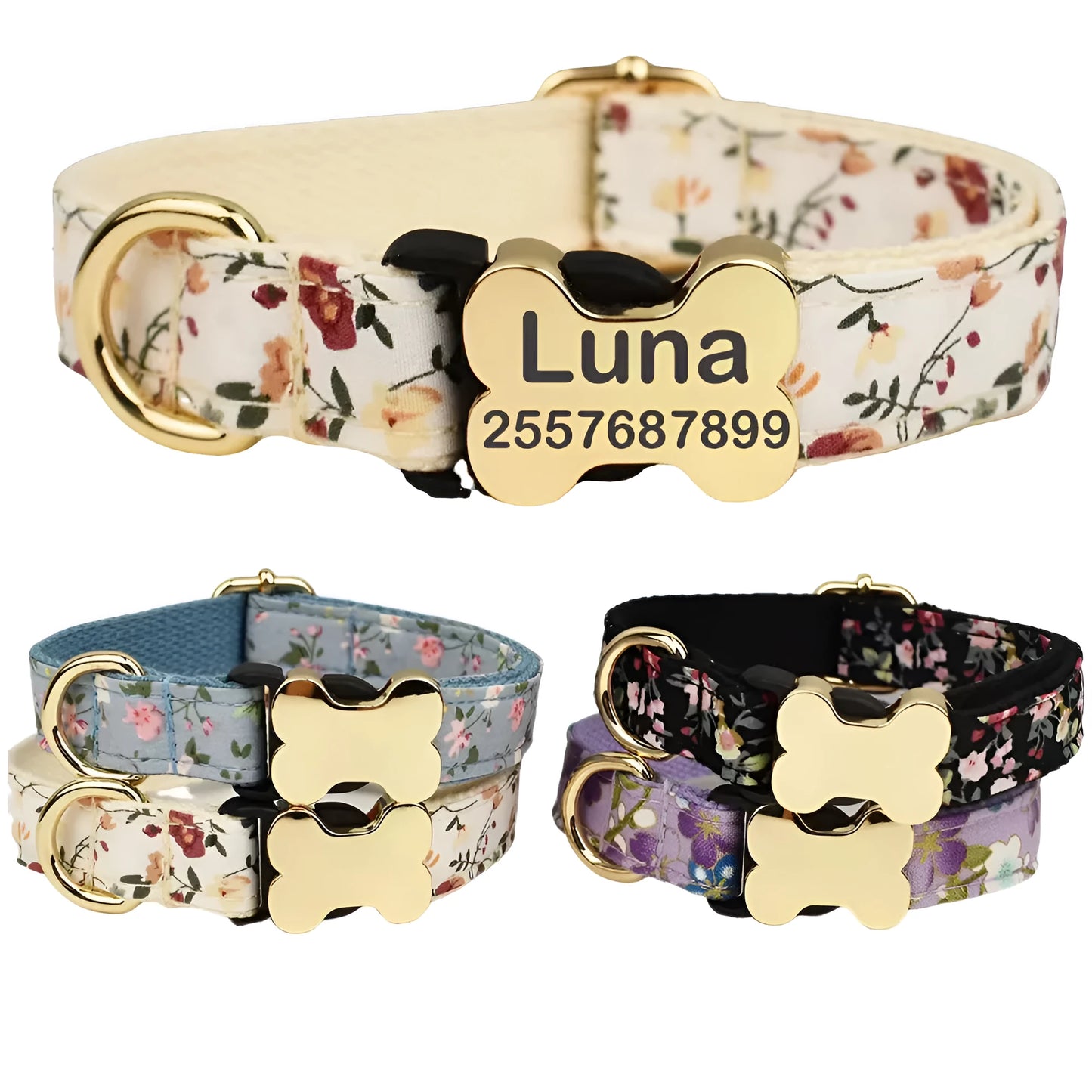 Flat nylon grid print dog collar with a white plastic bone-shaped buckle on a green background.