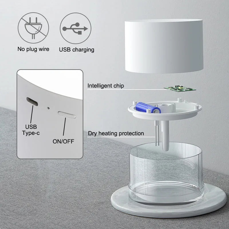 White portable ultrasonic humidifier with LED light and USB charging port on a wooden surface.