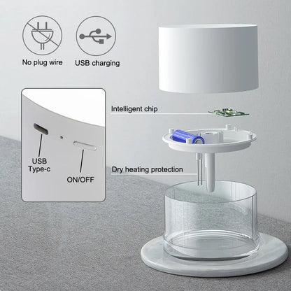 White portable ultrasonic humidifier with LED light and USB charging port on a wooden surface.