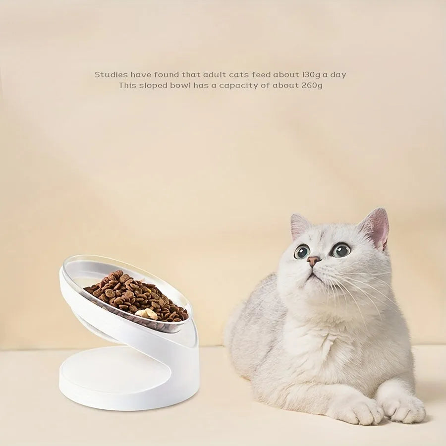 White elevated cat food bowl with tilt angle and neck support ridge