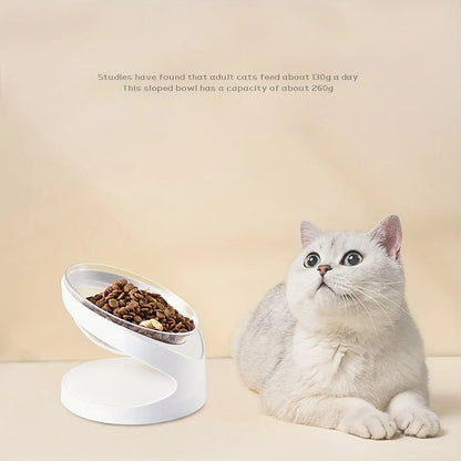 White elevated cat food bowl with tilt angle and neck support ridge