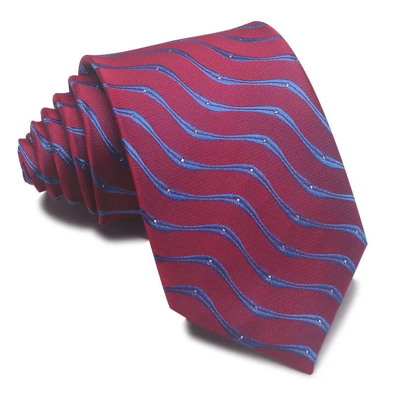 Close-up of a red and black striped men's business tie with a textured Jacquard weave, showing the 8cm width and arrow point shape.