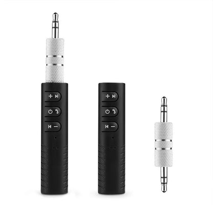 Black Bluetooth audio receiver adapter with 3.5mm AUX jack for car stereo wireless connectivity