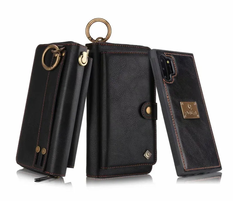 Black PU leather mobile phone wallet case with a zip closure, shown next to cards.