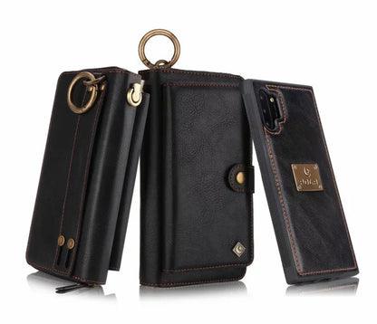 Black PU leather mobile phone wallet case with a zip closure, shown next to cards.