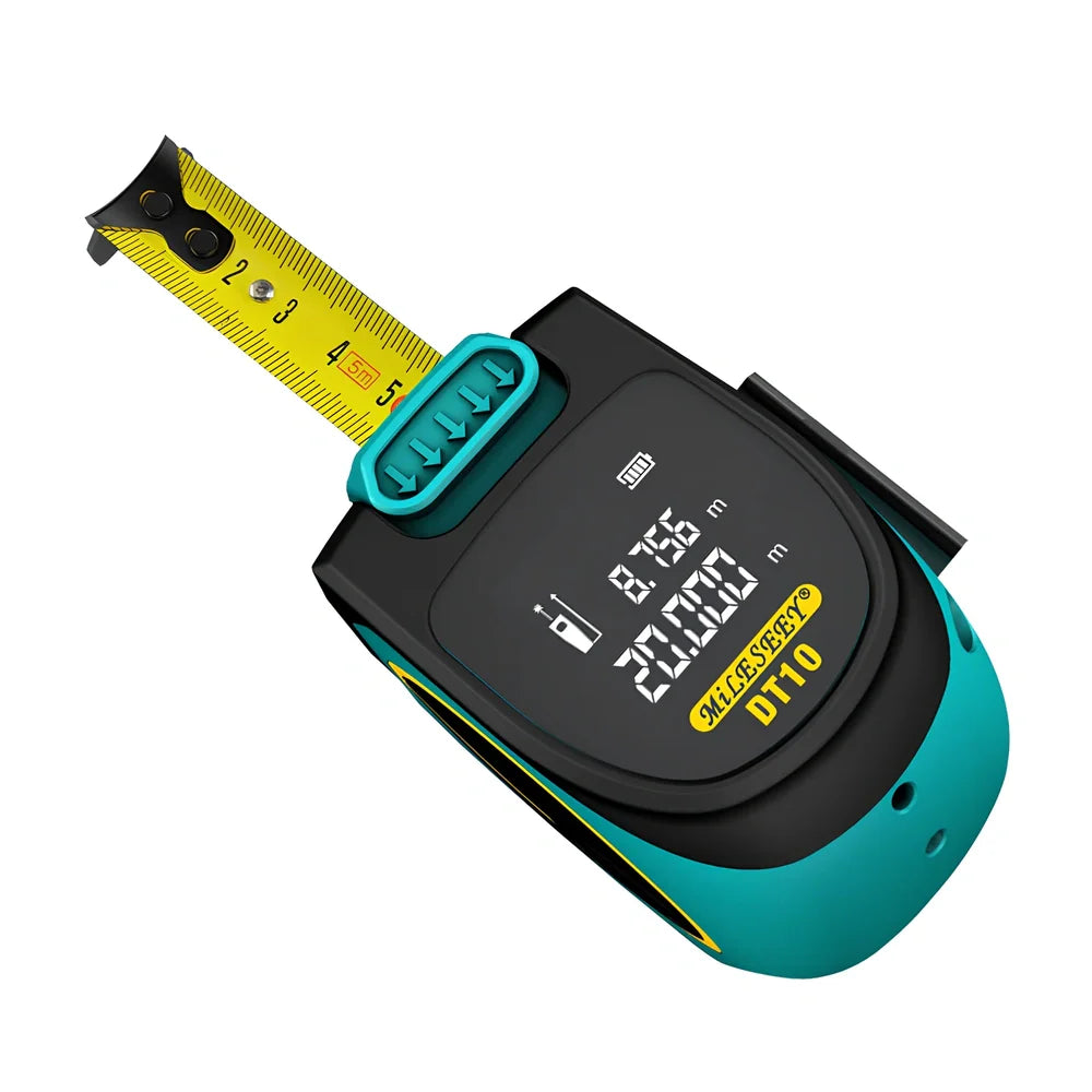 2-in-1 laser and tape measure tool with magnetic hook showing extended blade and laser measurement display