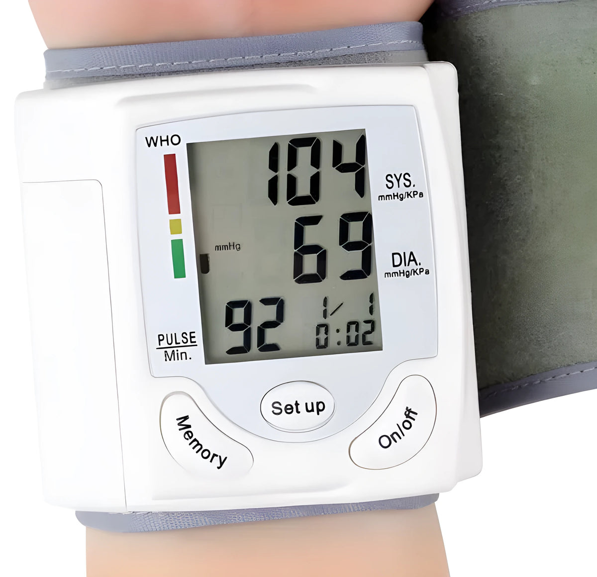 Grey portable wrist blood pressure monitor with digital display and ABS plastic casing