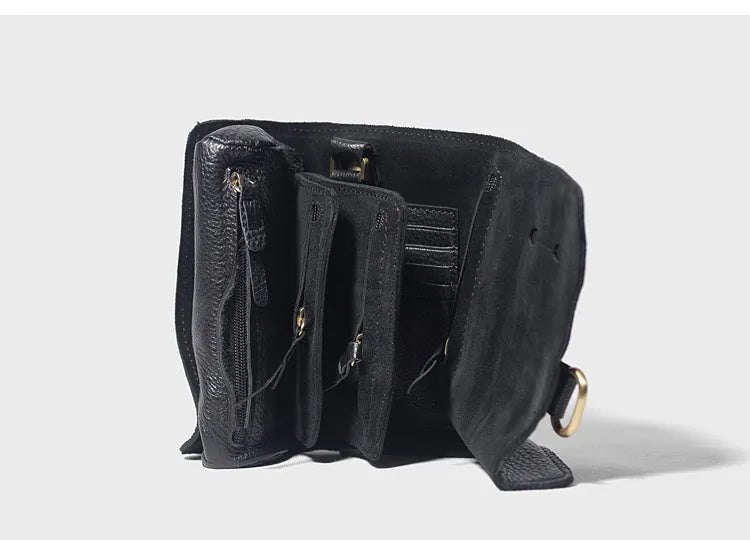 Handmade vintage leather wallet in black or dark brown with tape closure.