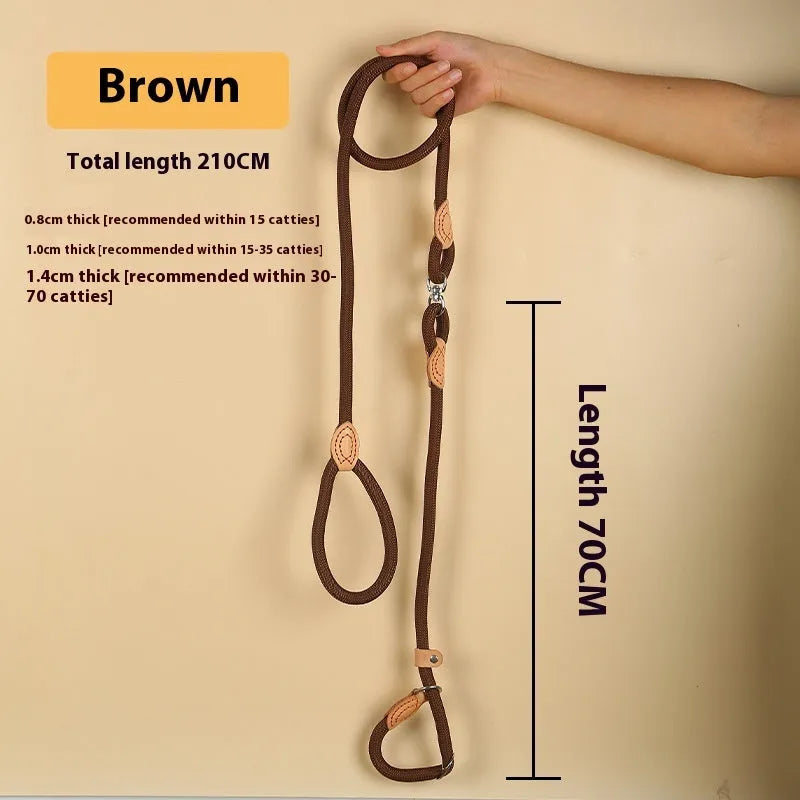 Brown nylon P chain dog leash hand holding rope showing 2.1 metre length