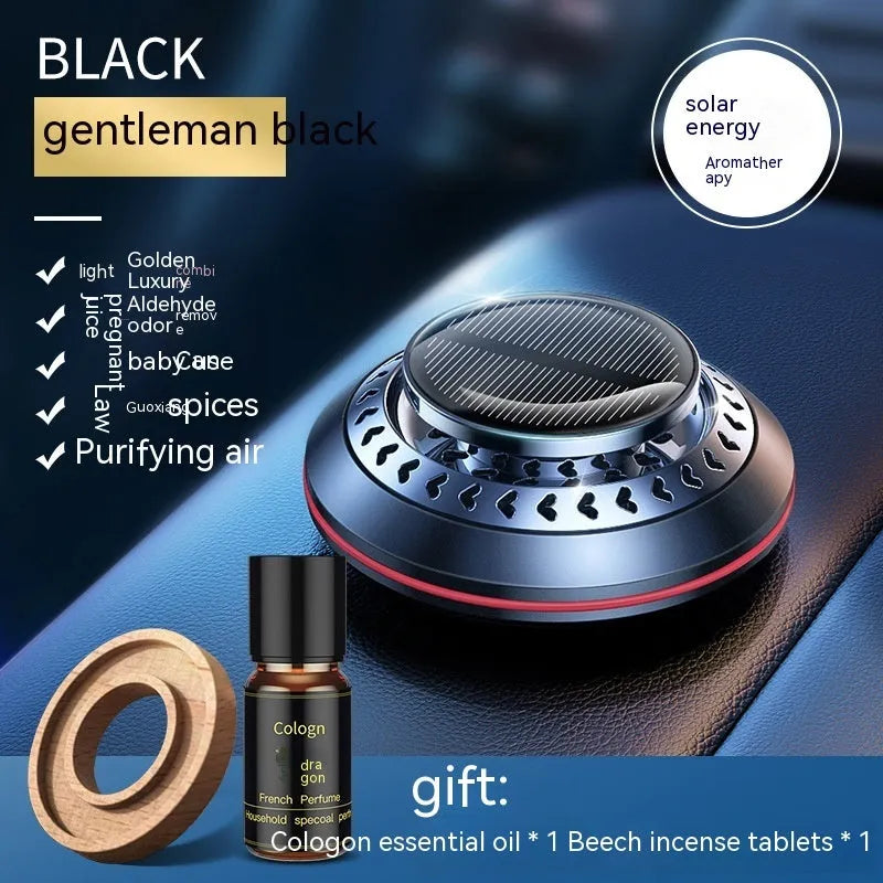 Solar-powered aluminium car air purifier with essential oil bottle and beech wood chips for odour removal.