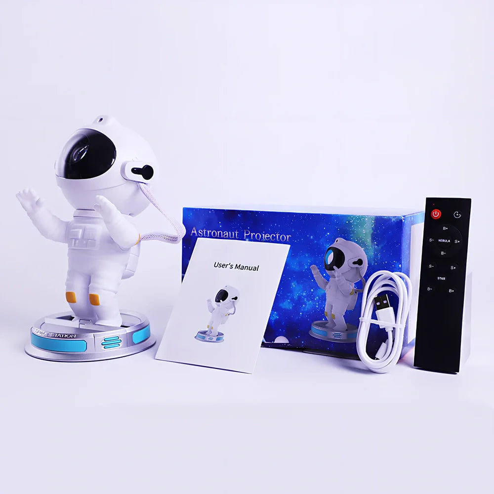 White enamel astronaut starlight projection lamp on base, projecting northern lights and stars, size 22.5 x 12.5 x 12.5cm, USB powered