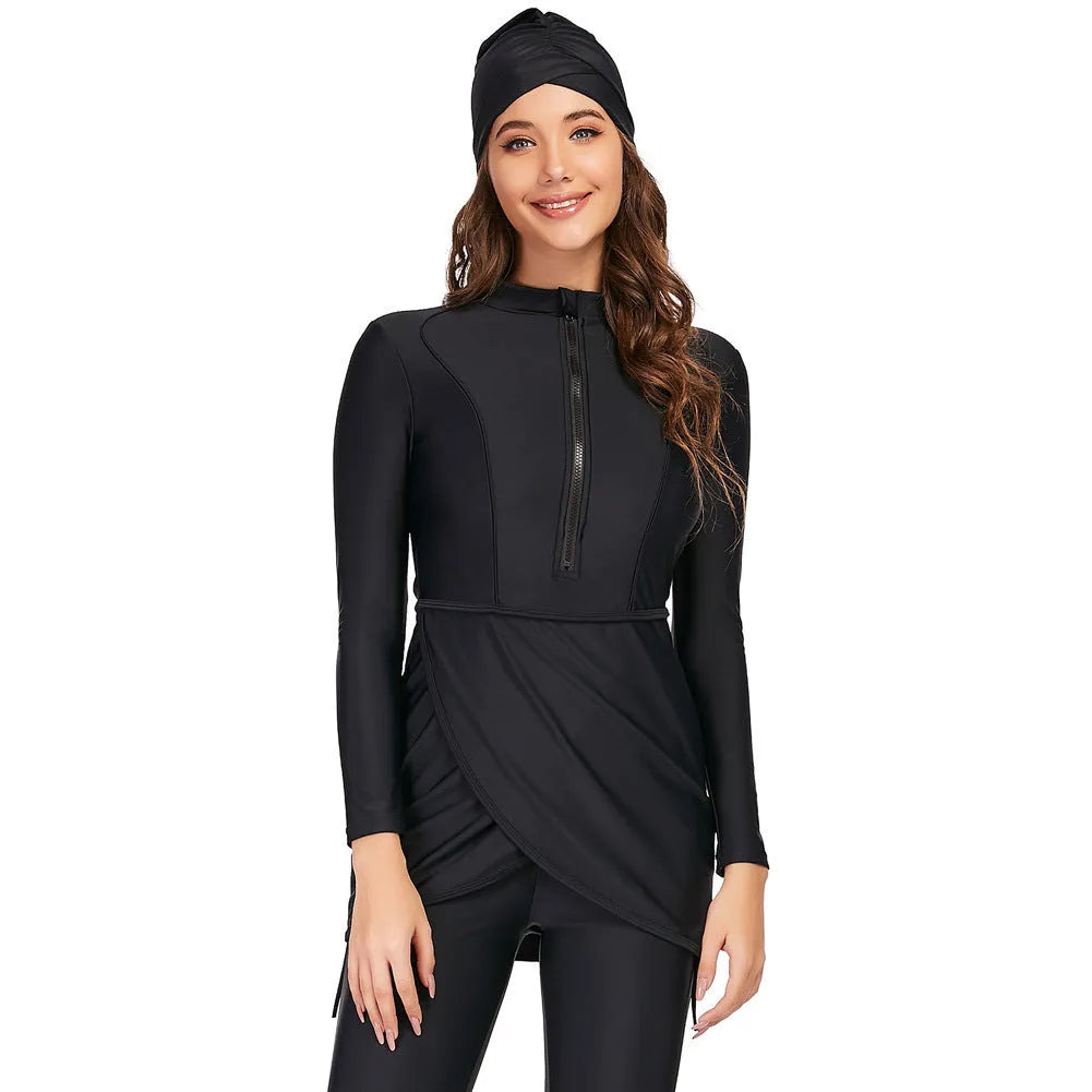 Black conservative Muslim swimsuit for ladies with full coverage, shown as a two-piece set.