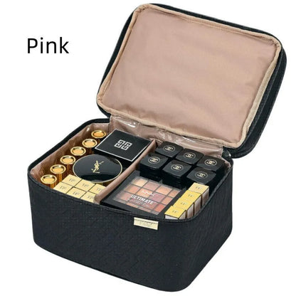 Portable double layer cosmetics bag in peach fabric leather with polyester lining, shown in black or pink