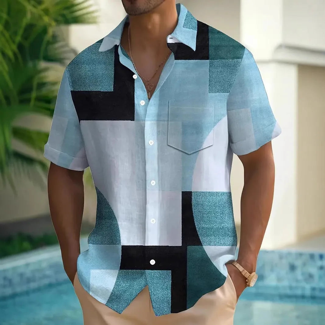 Men's retro geometric printed short sleeve cardigan shirt in loose fit style