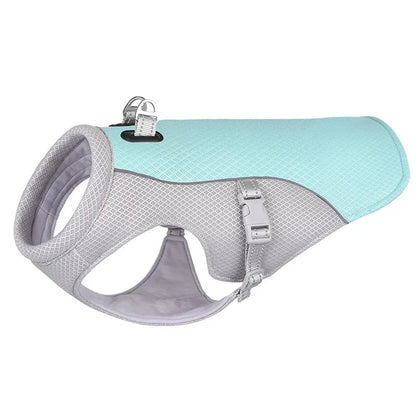 Orange polyester dog cooling vest with layered construction for evaporative cooling and UV protection.