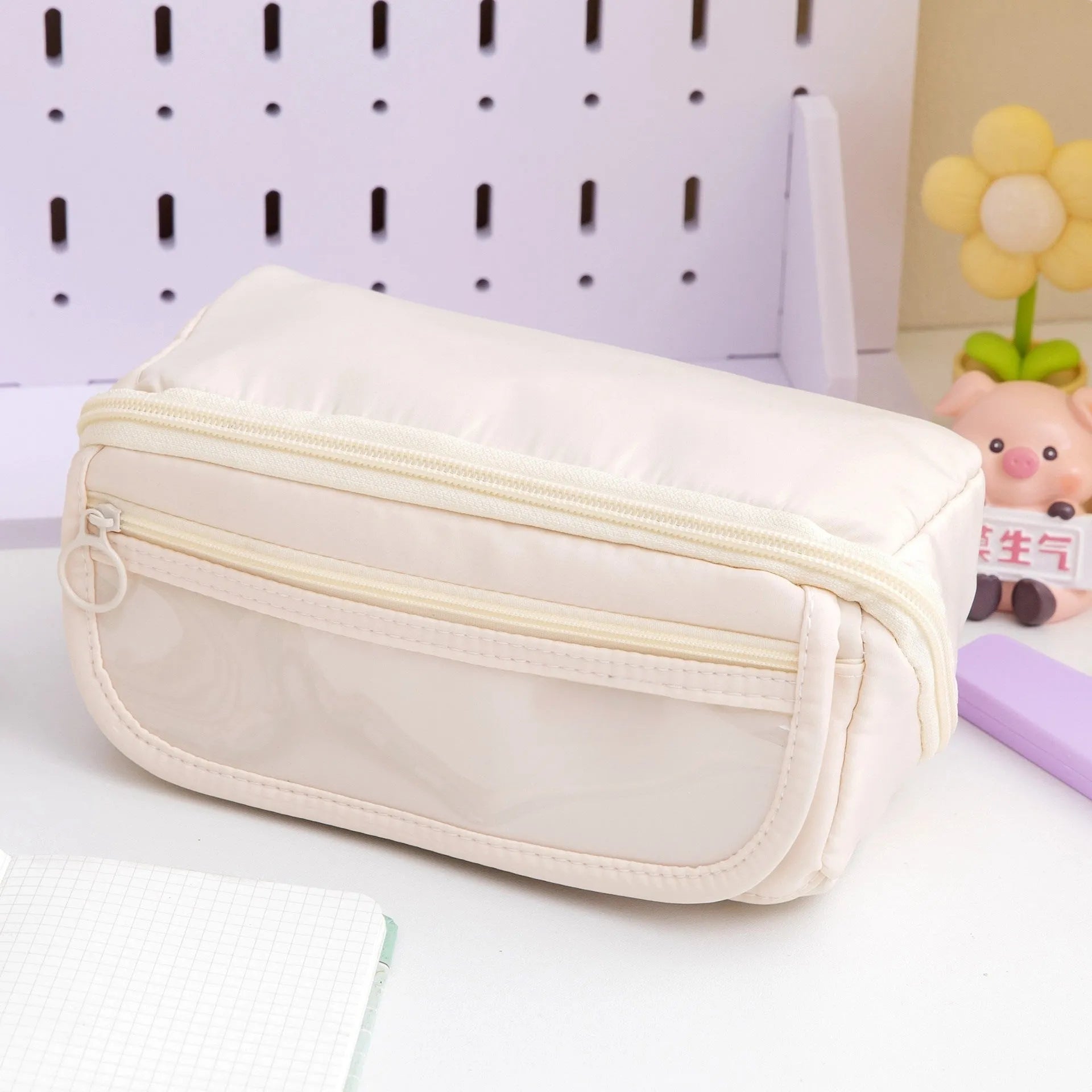 Ten-layer flip canvas pencil case showing multiple compartments in available colours